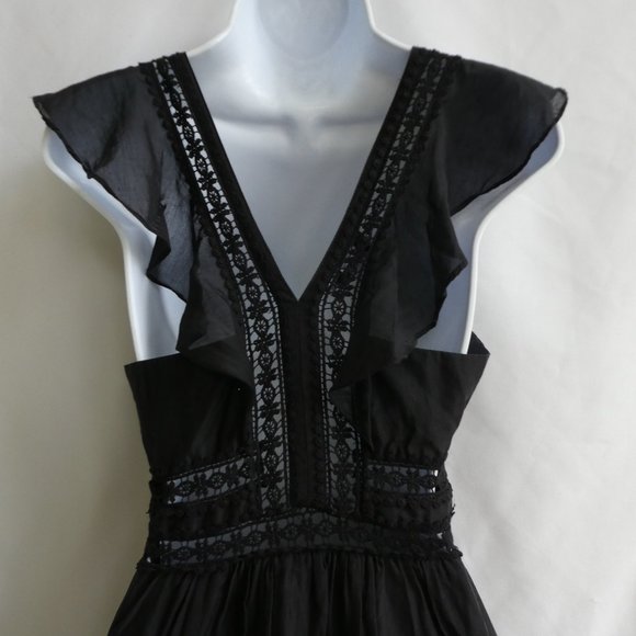 Bebe LBD Dress SiLK Cotton Lace Inset Tiered Ruffles Flutter Sleeves Zip Back 0 - Picture 4 of 9